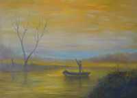 Obraz olejny łódka i zachód słońca / łódź / pejzaż