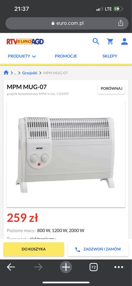 MPM MUG-07, grzejnik konwektorowy 2kW, cena katalogowa 259zl