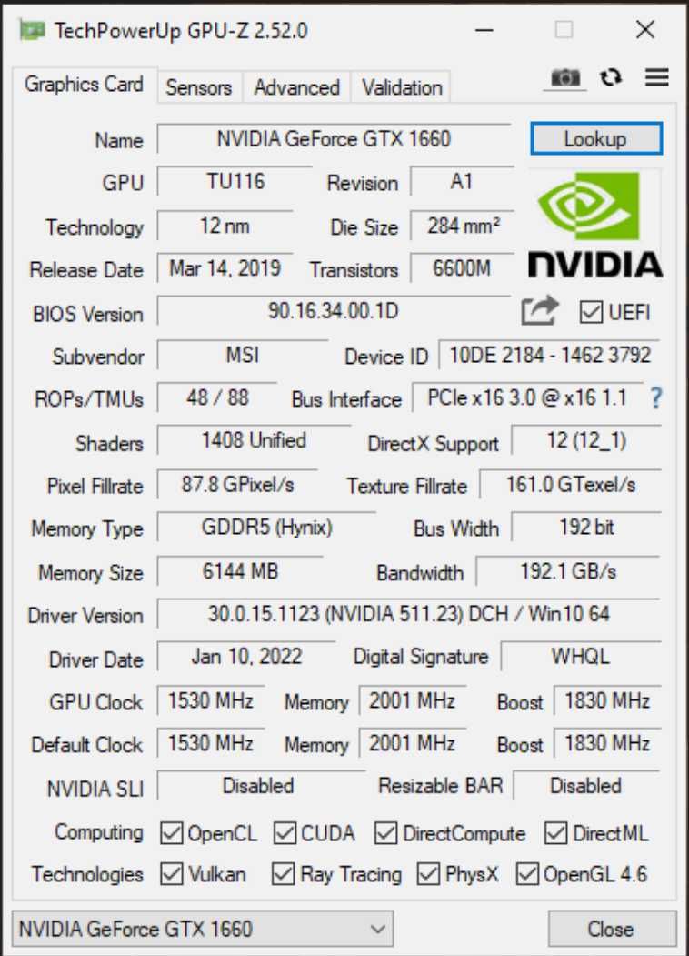 MSI GeForce GTX 1660 VENTUS XS OC 6 Gb