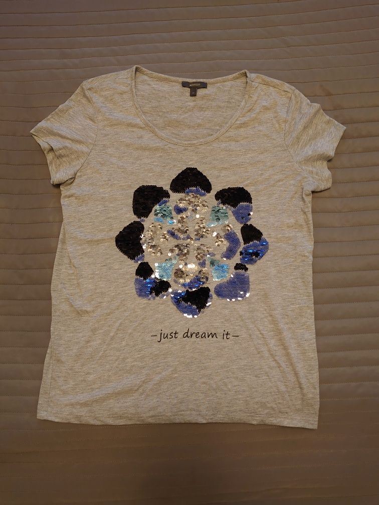 Szary t-shirt z kwiatem z cekinów, damski, koszulka Montego XS Wrocław