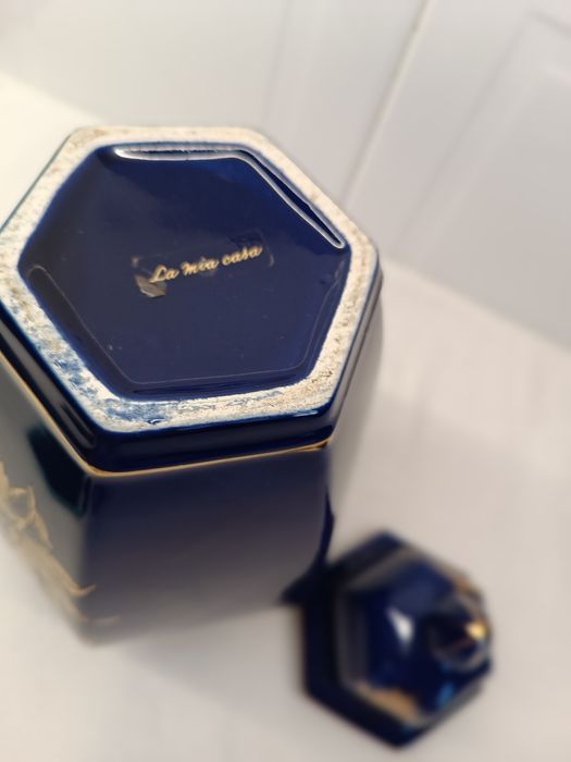 Pote Porcelana Grande. 35 cm. Azul Marinho e Dourado. Novo