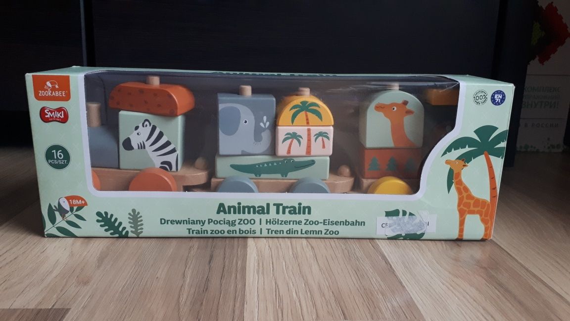Drewniany pociąg zoo z klockami smiki smyk