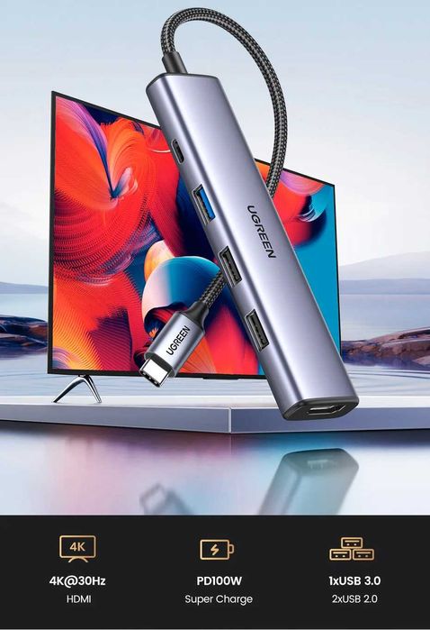 Багатопортовий адаптер Ugreen 5-в-1 hub HDMI Type-C USB3.0