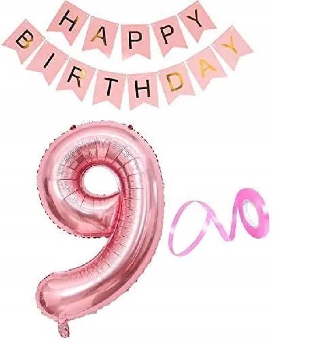 Zestaw 9 Urodziny Baner Balon Dziewięć lat Różowy