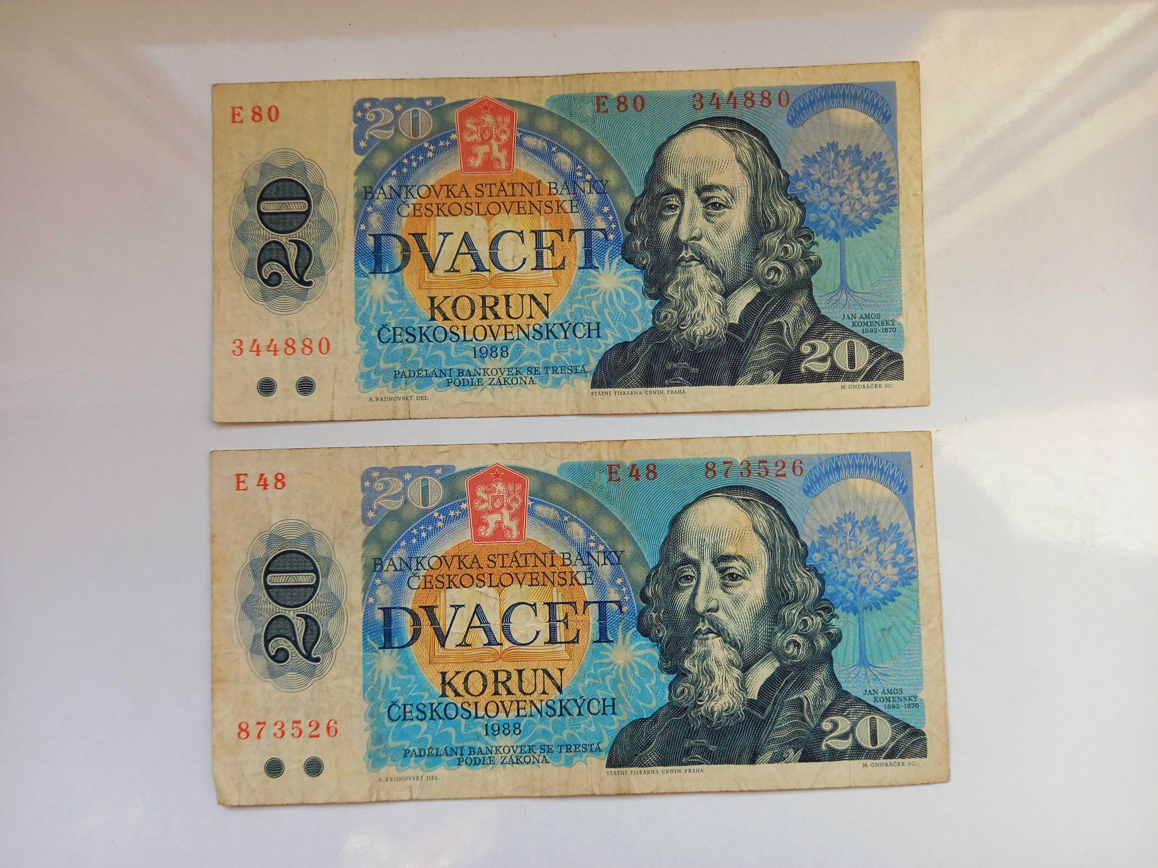 Banknot Czechosłowacja 20 korun koron 4 szt. 1988r Komensky