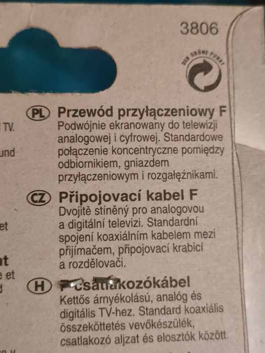 Kabel antenowy - wtyk F, przewód 2,5m - NOWY