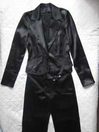 Czarny satynowy damski garnitur, żakiet i szerokie spodnie 36,jak nowy