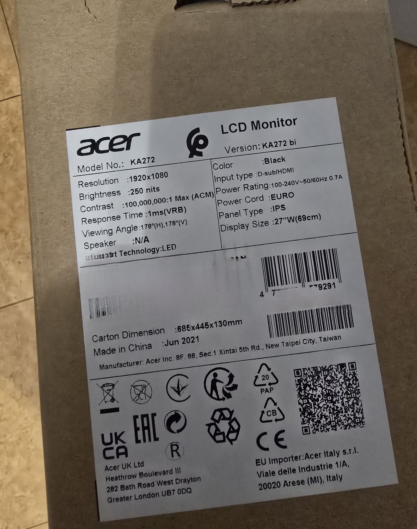 Monitor Acer KA272 27" LCD 75Hz Full HD Asus dla graczy jak nowy