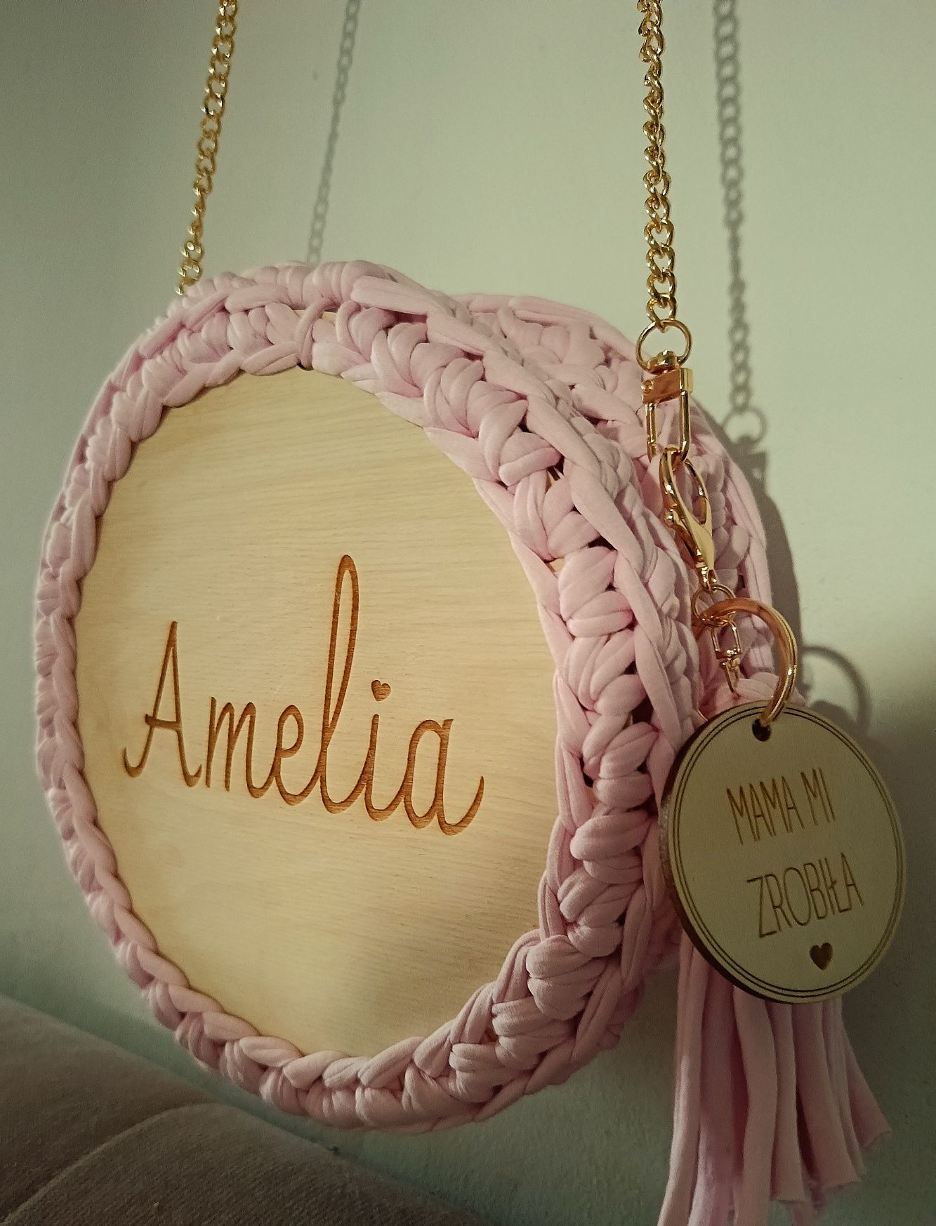 Torebka na szydełku dla dziewczynki z imieniem Amelia