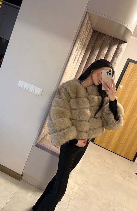 Futro naturalne z lisa NOWE płaszcz kurtka beżowe pikowane M