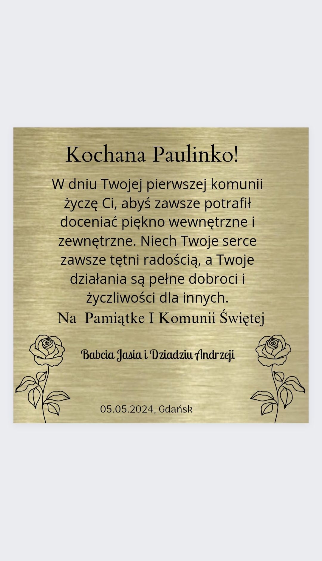 Piękna Srebrna/złota aluminiowa personalizowana kartka na komunię