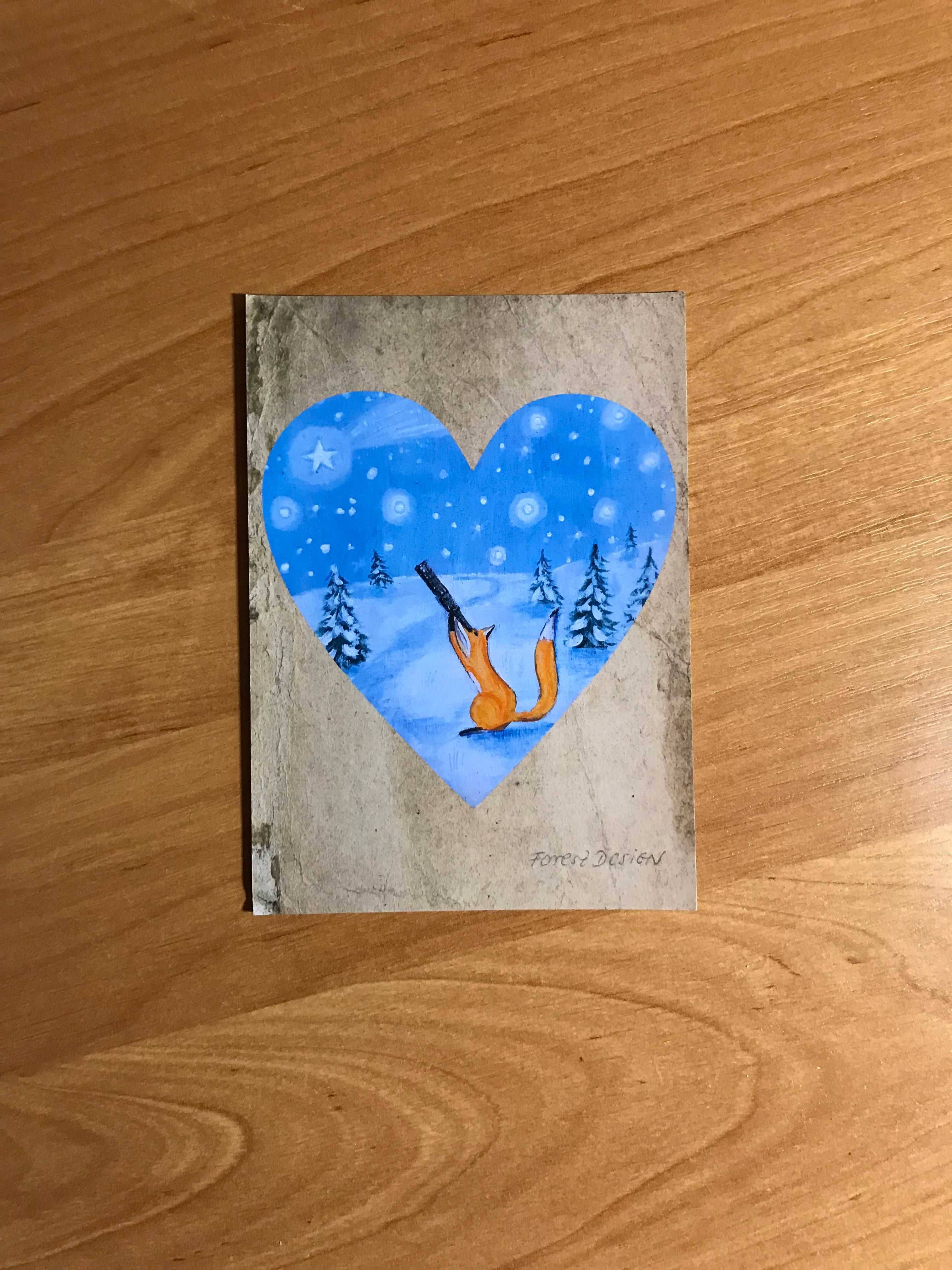 Pocztówka Forest Design Lisek Lis Heart Zima postcard
