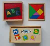 Zestaw drewnianych zabawek:  Domino, klocki literki, mozaika