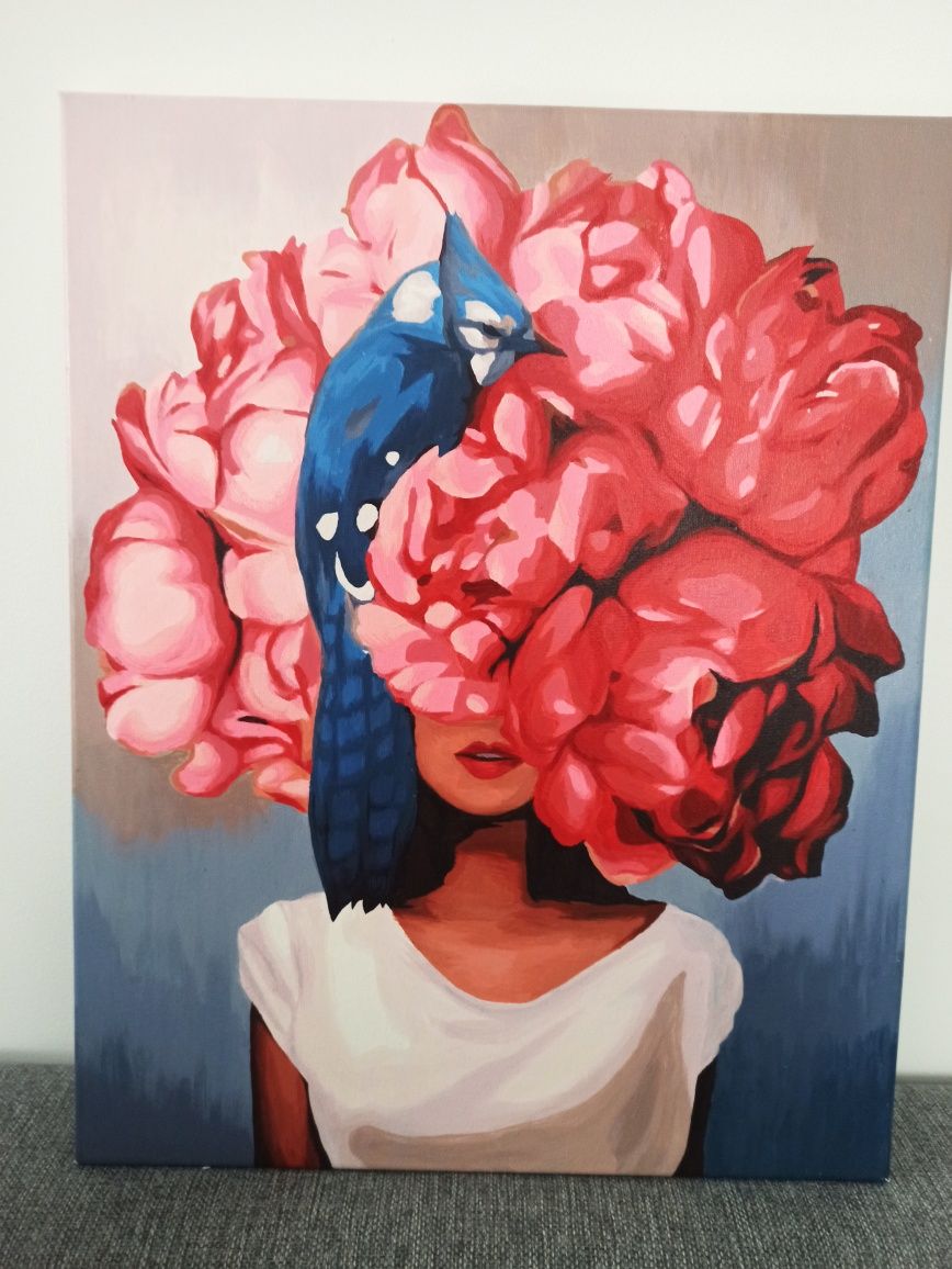 Obraz ręcznie malowany 40x50 cm abstrakcja, twarz, kwiaty