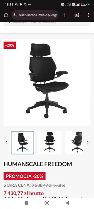 Humanscale Freedom z zagłówkiem fotel klasy premium nowy 7500zł