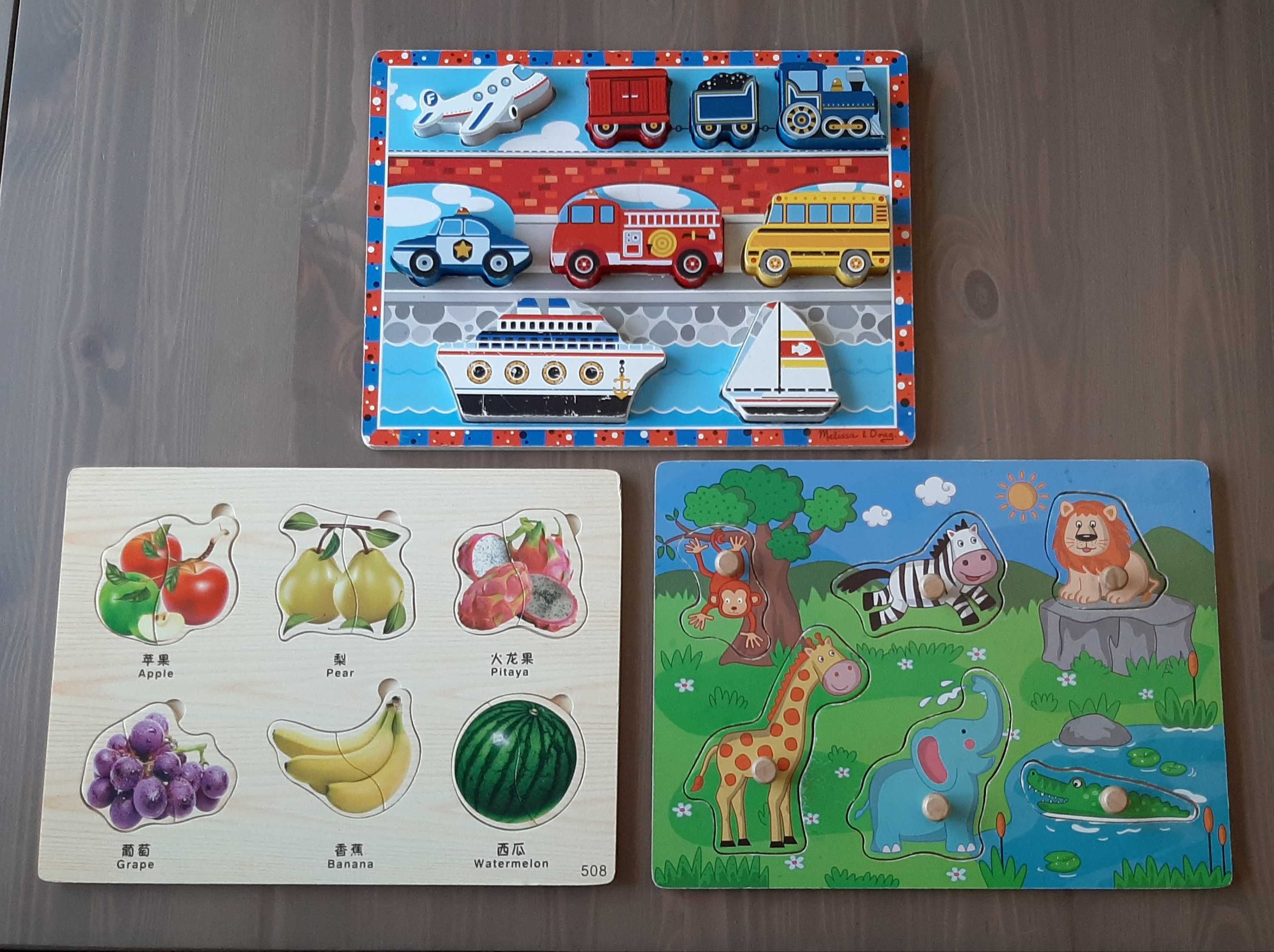 Układanka puzzle drewniane melissa and doug pojazdy, zwierzątka, owoce