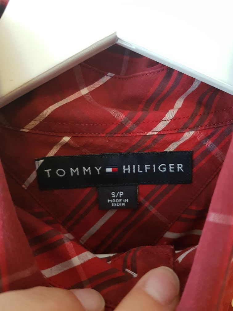 Bordowa koszula Tommy Hilfiger S 36 długi rękaw w kratę