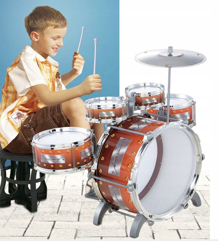 Duża Perkusja Bębny Instrument 5 Bębnowa Talerze Taboret Prezent