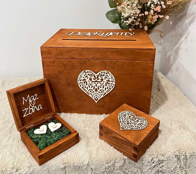 Pudełko Skrzynka na Koperty Ślubne + Szkatułka na Obrączki Mahoniowe 3