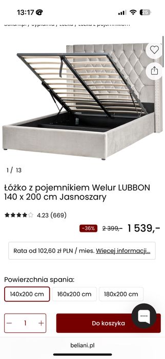 Nowe welurowe szare łóżko pikowane Beliani LUBBON 140x200 z pojemnikie