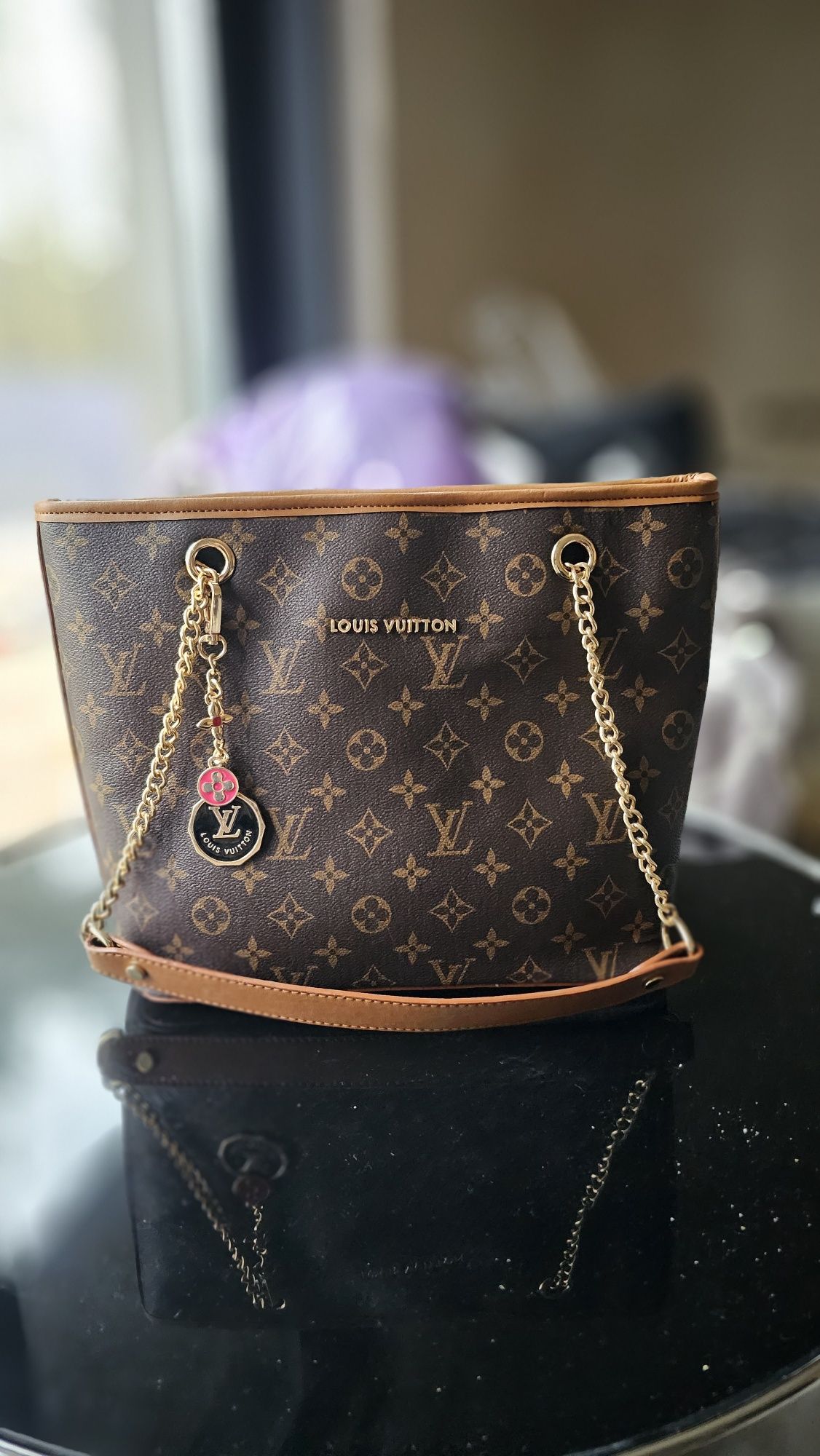 Piękna torebka damska monogram louis vuitton karmel złote łańcuszki LV