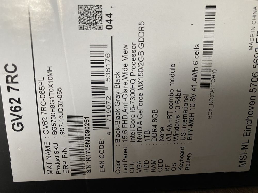 Laptom MSI GV62 7RC