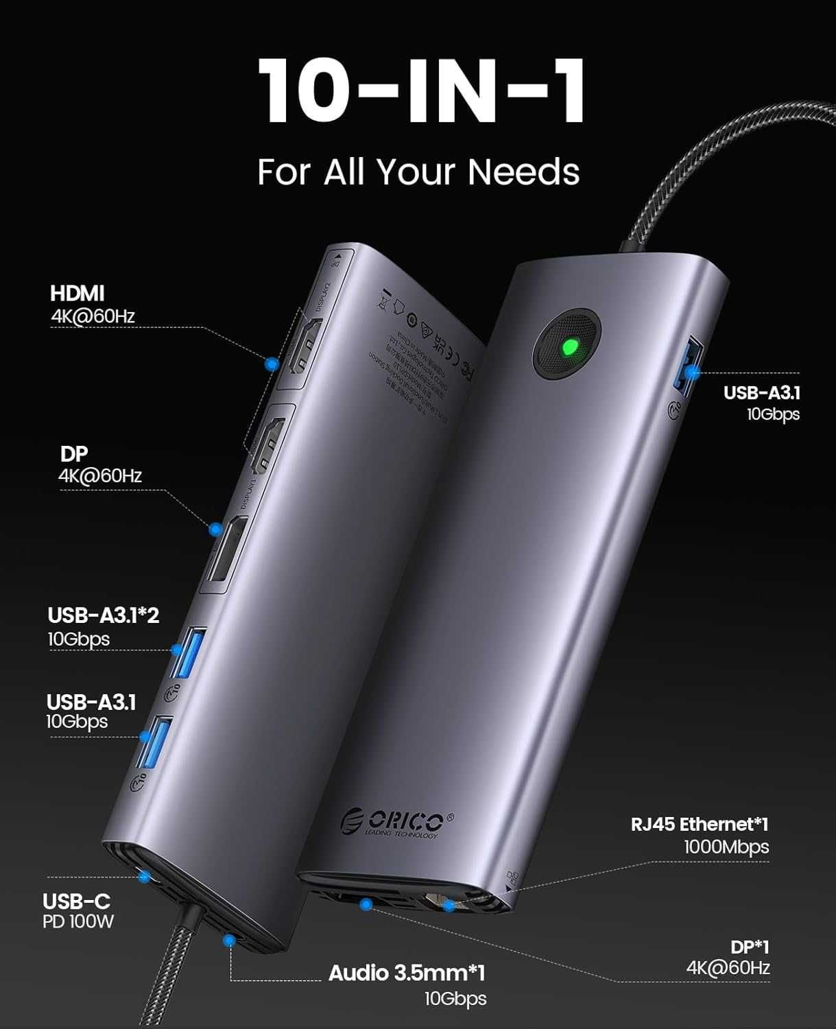 ORICO DPL10 stacja dokująca 10 w 1 wielofunkcyjna USB-C aluminium