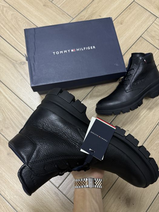 Nowa Trapery Męskie Skórzane Tommy Hilfiger Czarne Wiązane Trzewikj