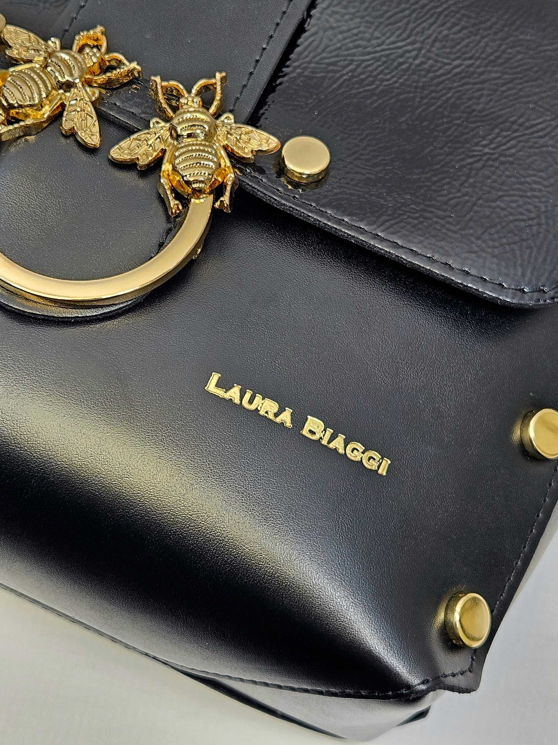 LAURA BIAGGI Torebka Damska Listonoszka Kuferek Na Ramię Czarna Skóra