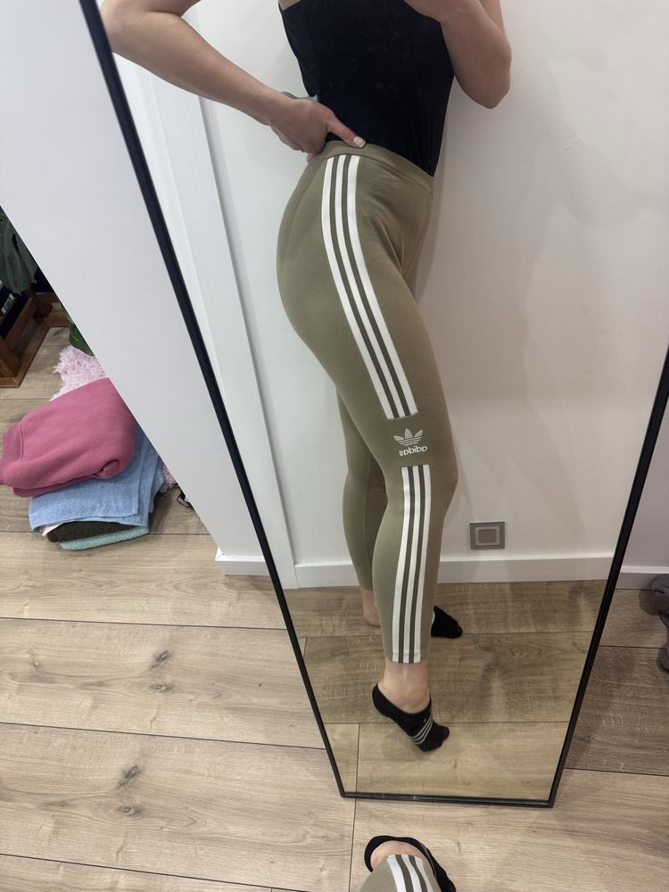 Legginsy khaki butelkowa zieleń trzy paski adidas
