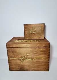 Rustykalne pudełko na koperty skrzynka na obrączki złoty napis wesele