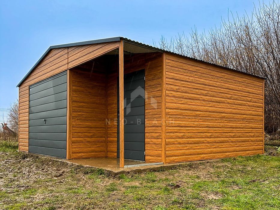 Garaż Blaszany 8X5M + Wnęka 1X2 - Brama Drzwi Drewnopodobny Nb110