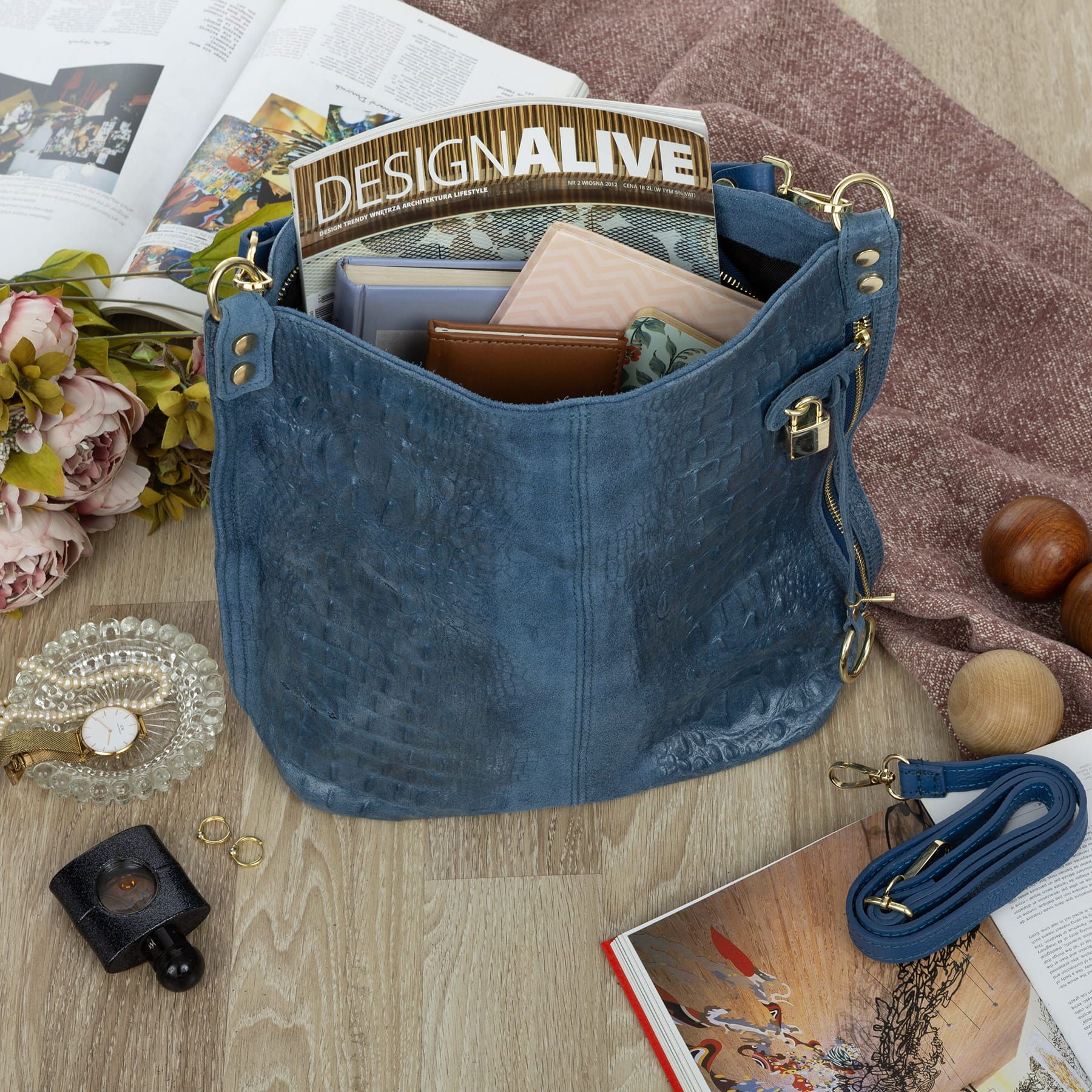 VERA PELLE torebka zamszowa worek shopper z kłódeczką V493 c.jeansowa