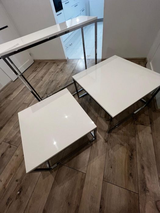 Komplet stolików kawowych + konsola w białym połysku