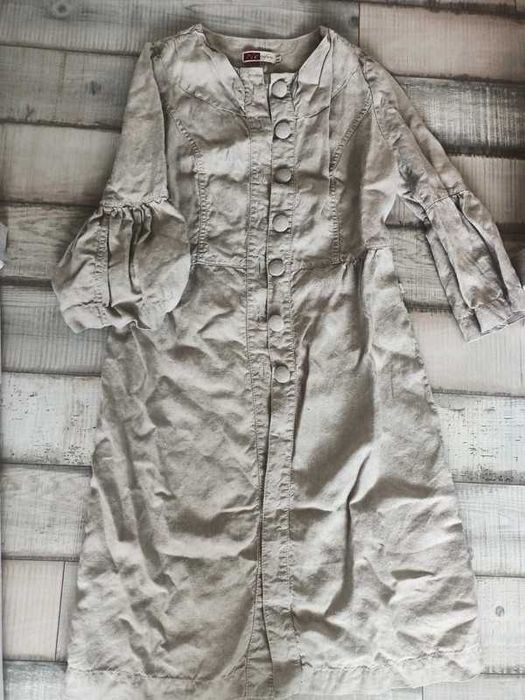 Lniany płaszcz sukienka narzutka 42 100% len nat Metafora 100cm pachy