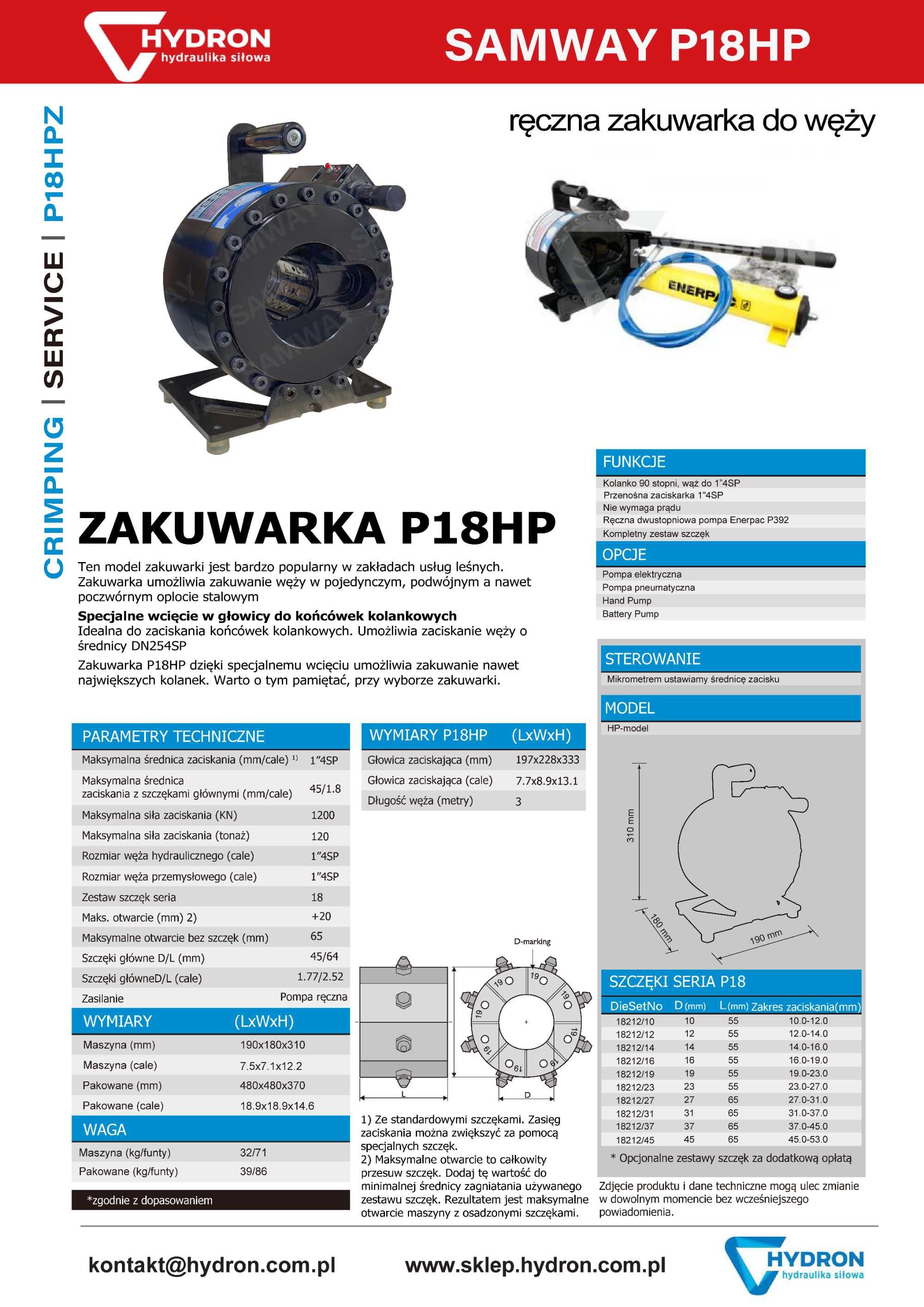 Ręczna zakuwarka do węży SAMWAY P18HP + transport + CE + tabele