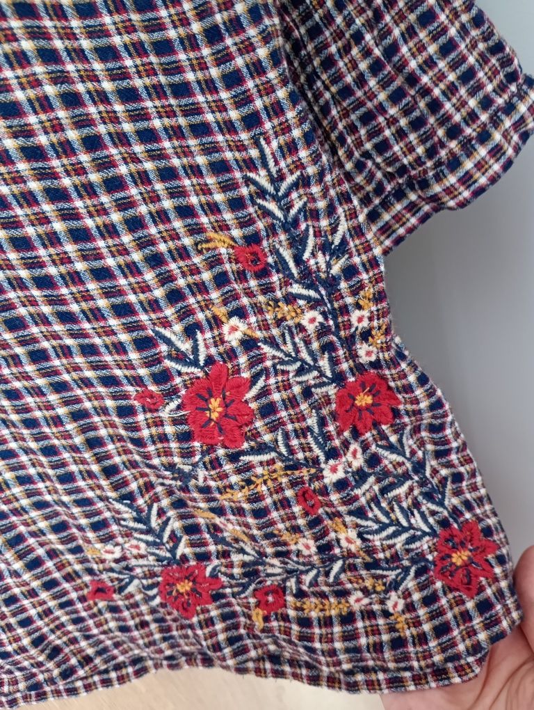 Bluzka w kratkę kratę z haftem w kwiaty wiskoza elegancka tu modna m