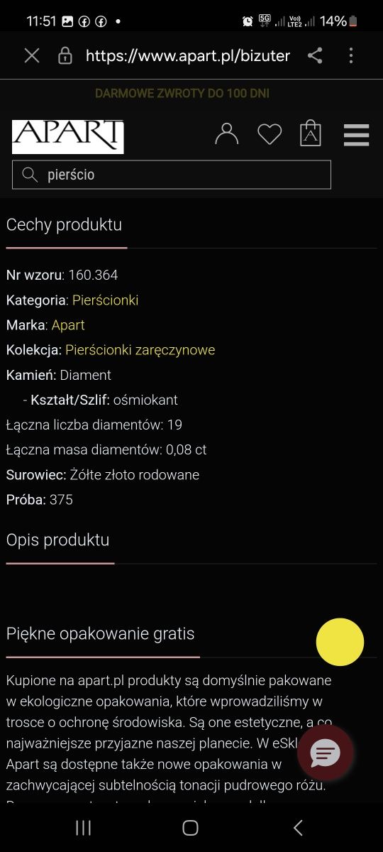 Złoty pierścionek Apart 375 9k z 19 diamentami certyfikat r.11 16mm