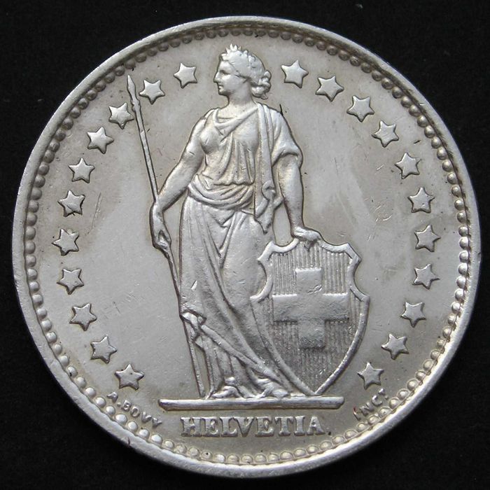 Szwajcaria 1 frank 1967 - srebro - stan 1/2   .