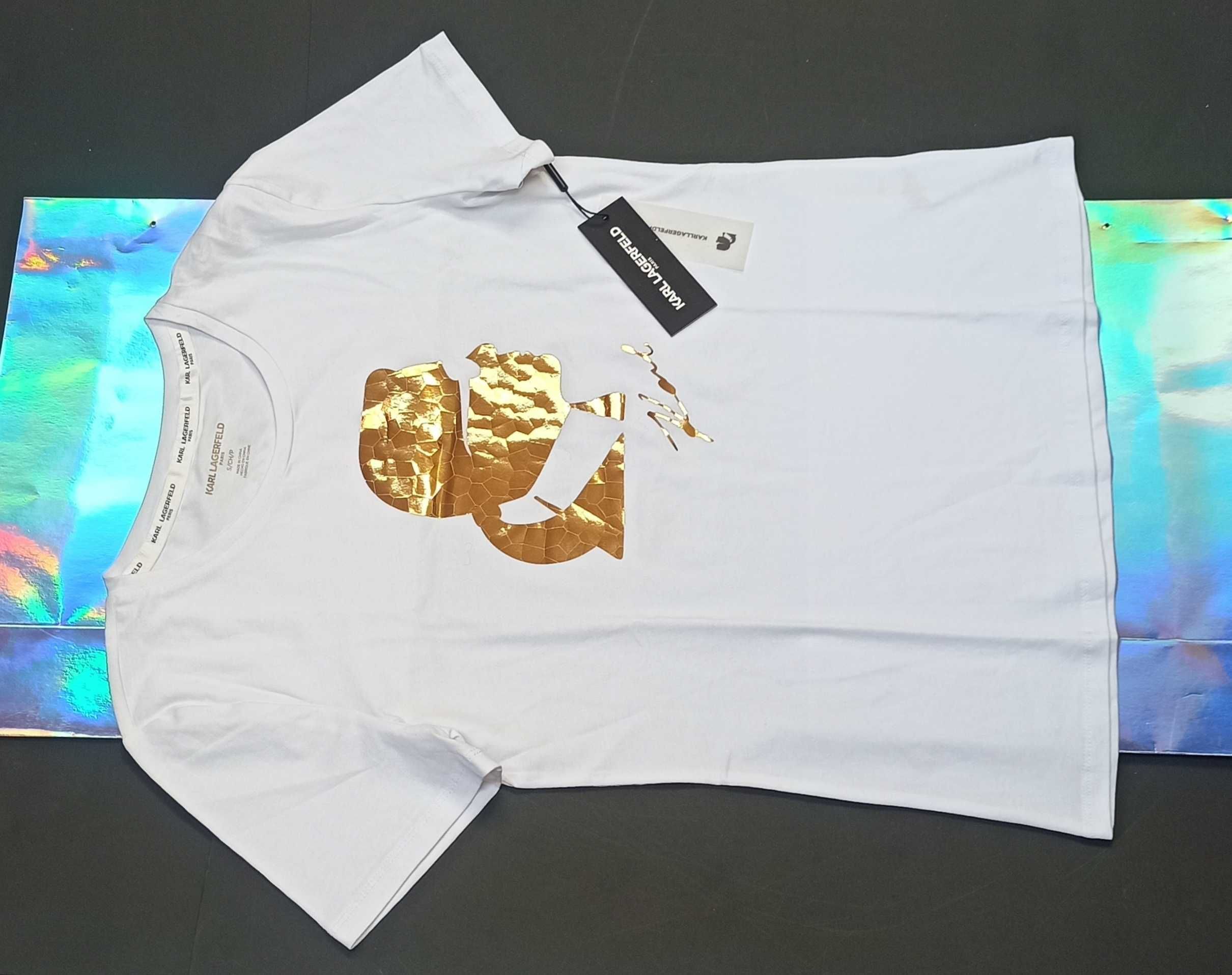 KARL LAGERFELD Oryginalny Damski T-Shirt Koszulka Bluzka Zloty Profil
