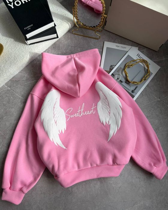 Женское худи на флисе с крыльями розовое Жіноче худі трьохнитка фліс
