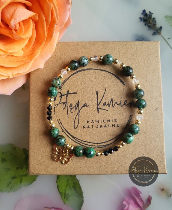 Bransoletka Turkus afrykański z Szungitem i kryształem górskim