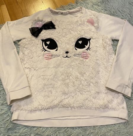 Bluza H&M futerko kotek uszka biała 134 140