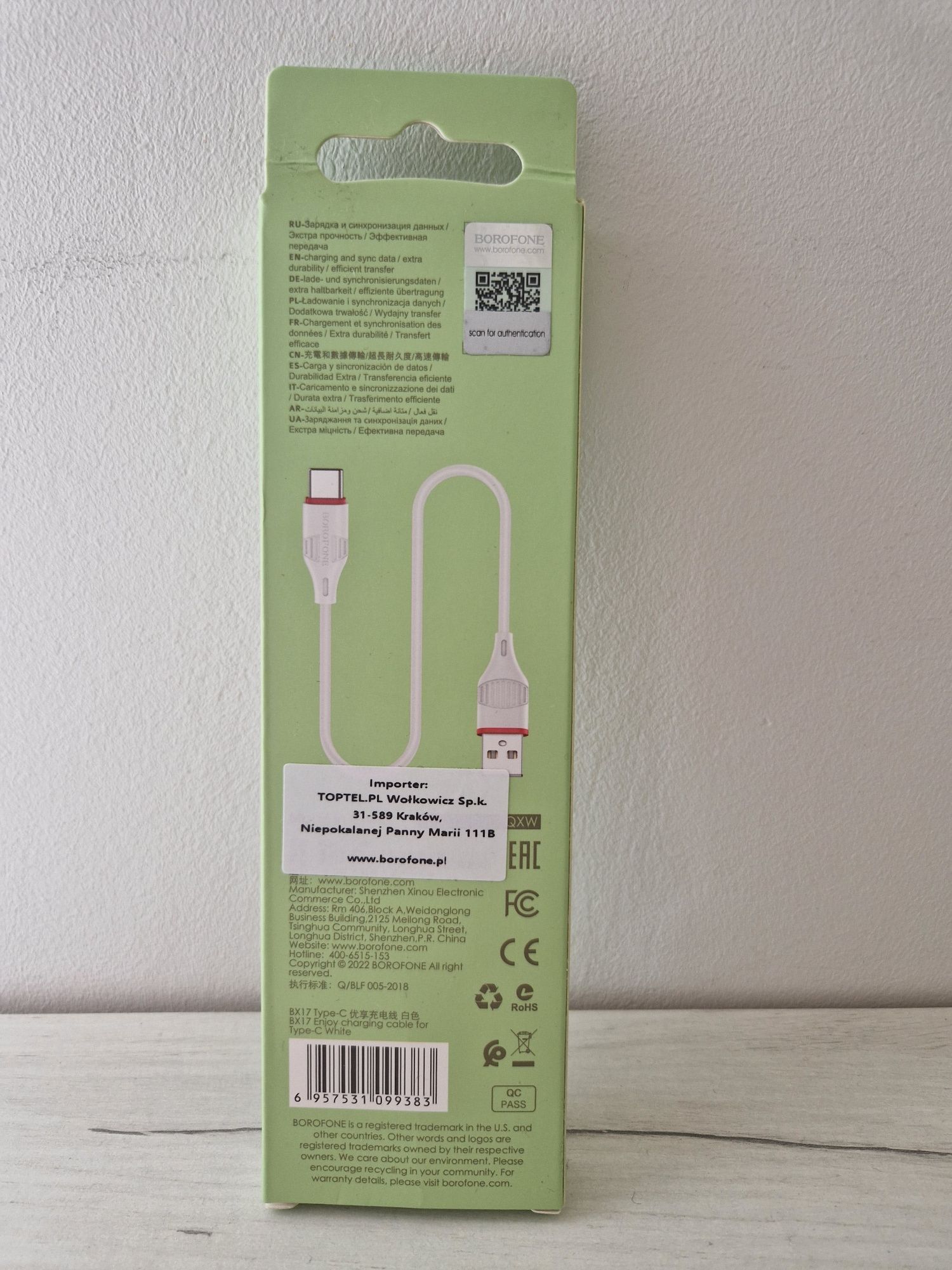 Borofone Kabel BX17 Enjoy - USB na Typ C - 3A 1 metr biały