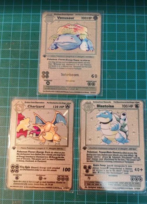 Cartas Pokemon metal douradas - Venusaur Charizard Blastoise