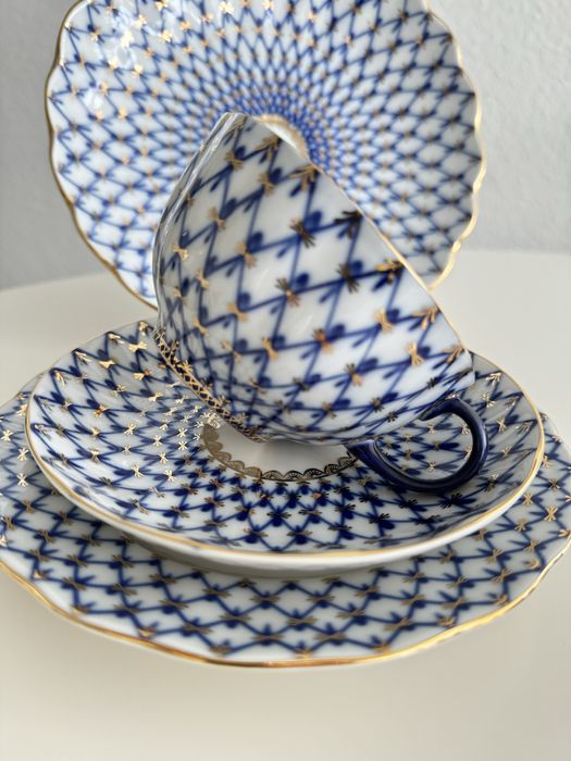 Duża filiżanka Lomonosov siatka Kobaltowa Rosyjska porcelana