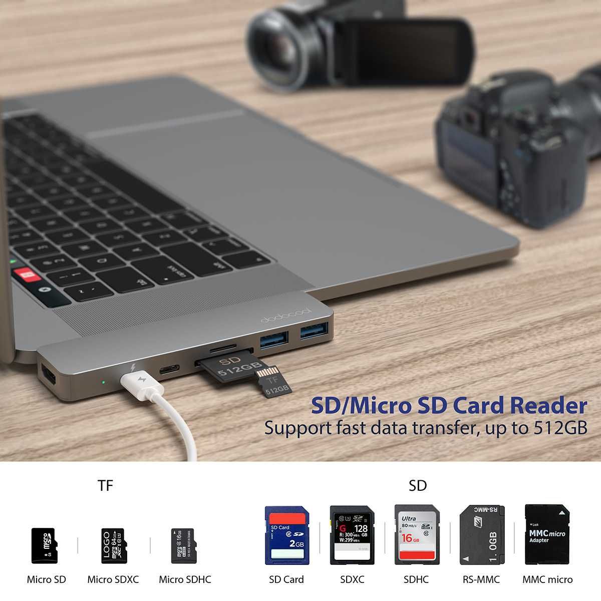 Dodocool DC66GY-1 Hub 7w1 USB-C HDMI 4K SD 100W Macbook