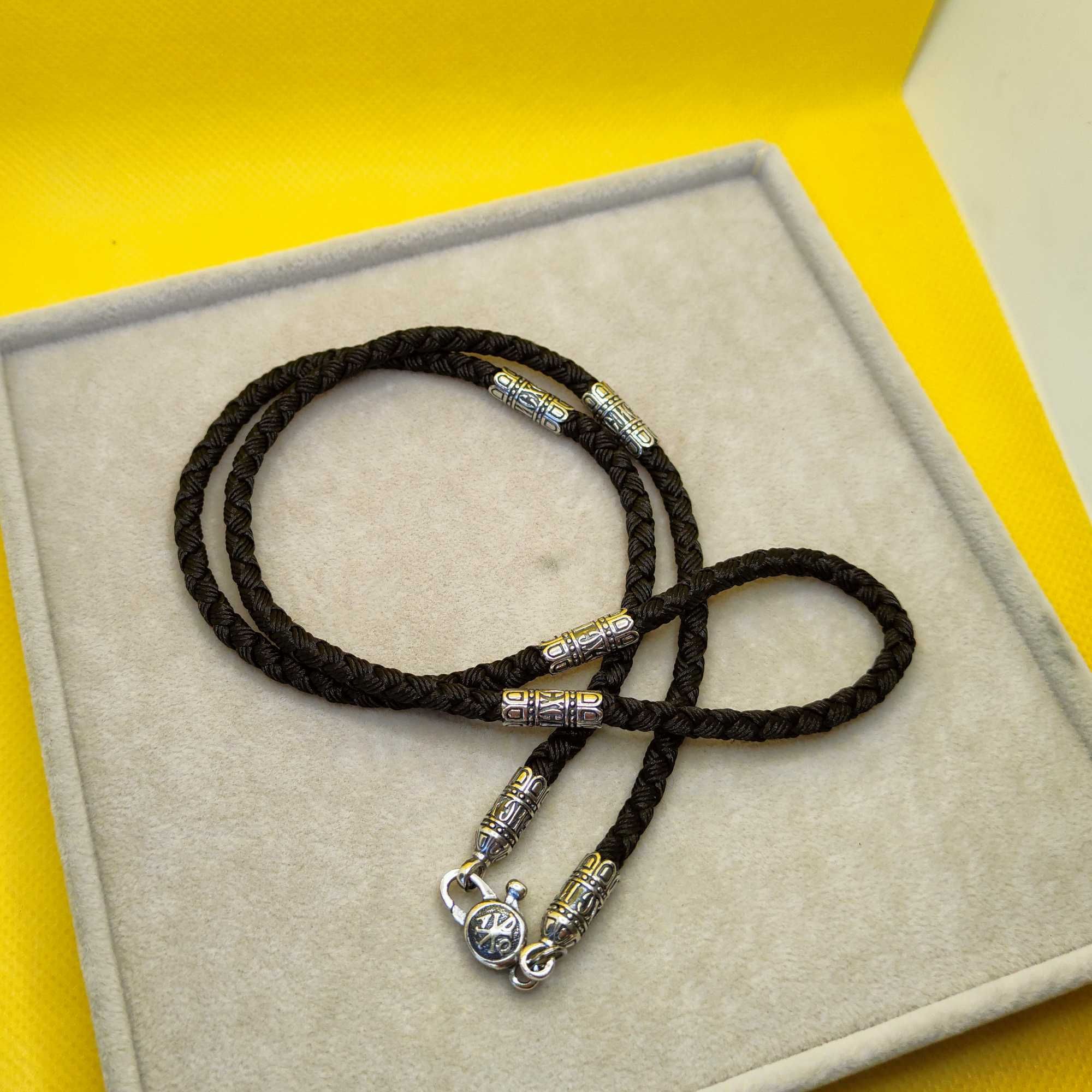 Шелковый ювелирный шнурок на шею Спаси и Сохрани серебро 925 проба
