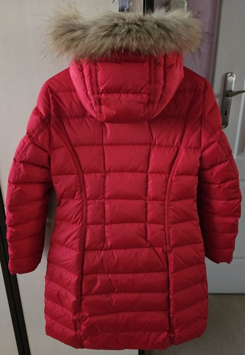 Czerwona kurtka puchowa Tiffi XS futerko jenot płaszcz puchowy