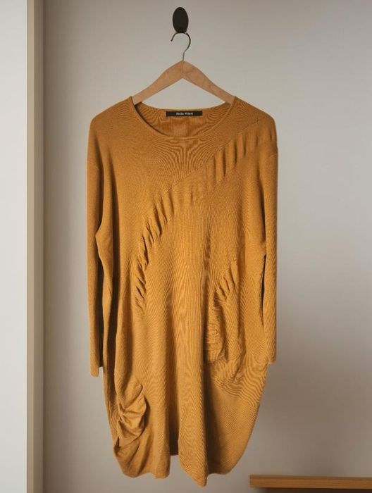 Śliczna musztardowa sweterkowa sukienka Stella Milani 50/52